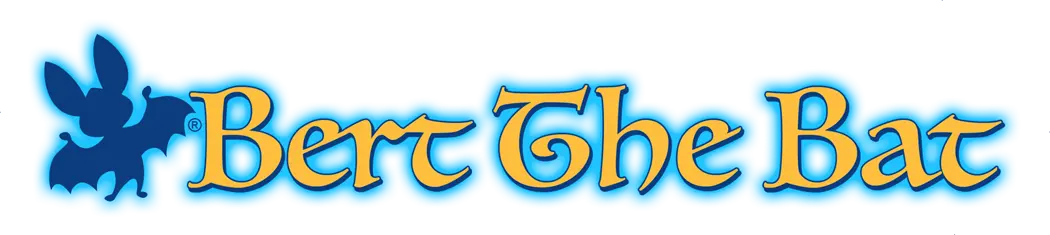 Bert the bat logo and fairy tale style font. Text is golld with blue outline and there is a blue glow around all elements.
