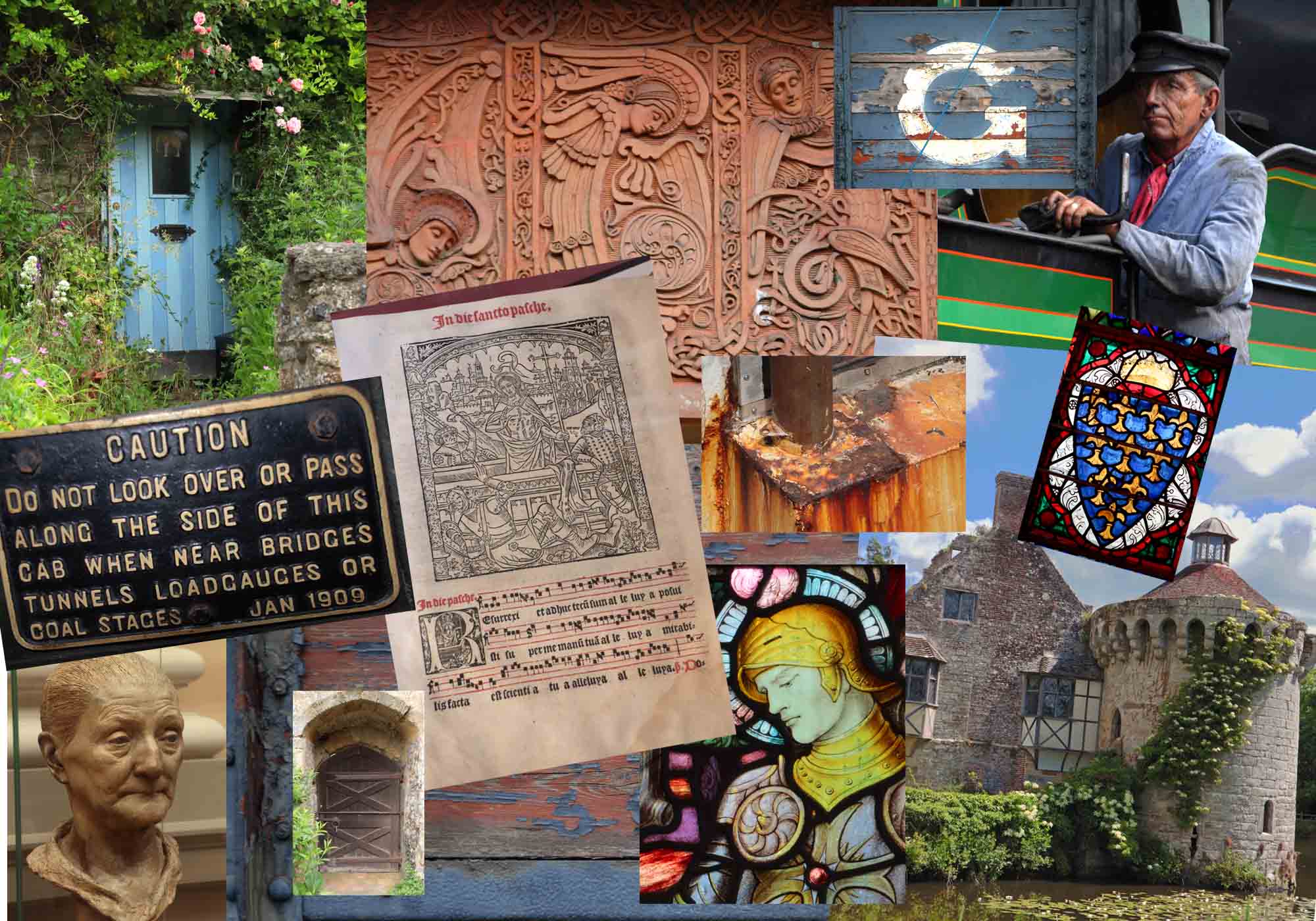 Photo Montage A photographic montage showing castles, textures, doors, gardens, manuscriptis in various colours